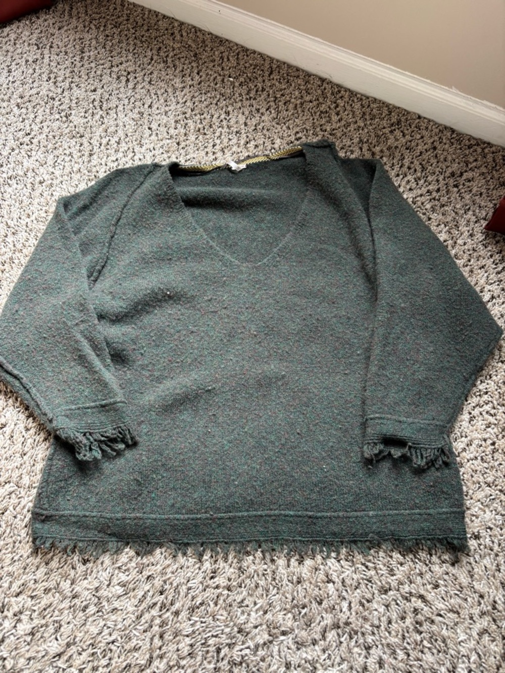 Free People Forest Green V-Neck Fringe Hem Sweater